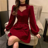Zjkrl Red Velvet Elegant Party Mini Dress Women Sequins Long Sleeve Wram Vintage Dress Ladies Casual Korean A-line Dress 2023 New Year