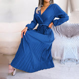 Zjkrl - F 2023 New Women Spring Summer Temperament Cross Solid Color V Neck Large Hem Pleated Long Dress For Fashion