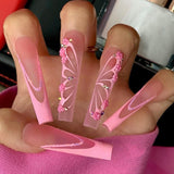 Zjkrl - 24Pcs Full Cover False Nails Red Rhinestone Planet Long Ballerina Coffin Nail Tips Detachable Fake Nails Press on Nails Manicure