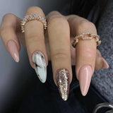 Zjkrl - 24Pcs Oval Head False Nails Shiny Golden Almond Artificial Fake Nails With Glue Full Cover Nail Tips Press On Nails DIY Manicure