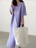 Summer Dress for Women 2023 Solid V-Neck Side Split Loose Short Sleeve Long Dress Streetwear Female Dress Women Clothing Robe