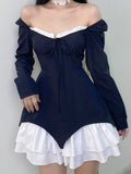 Zjkrl Patchwork Slim Ball Gown A-Line Dress Vintage Quare Collar Long Sleeve Mini Dresses For Women Elegant Fashion Lady
