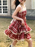 Zjkrl - Kawaii Sweet French Princess Mini Dress Basic Sexy Red Plaid Strap Dress Y2k Bodycon Lace One Piece Dress Korean 2023 Summer