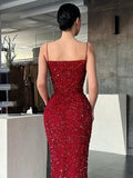 Women Evening Slip Dress 2023 Elegant Luxury Woman V-neck High Waist Tunic Midi Wedding Birthday Party Sequin Dresses Purple Red