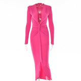 Zjkrl - Elegant Pleated Casual Bodycon Long Dress Autumn Winter Women Slim Evening Party Robe Sexy Bandage Ladies Dress
