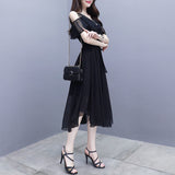 Zjkrl Elegant Fashion V-neck Zipper Off Shoulder Short Sleeve A-LINE Dress Summer Black Solid Color Chiffon Empire Women&#39;s Clothing