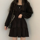 Zjkrl Women Long Sleeve Dresses Solid Color Square Collar A-line Sweet Vintage Design High Waist Mini Length Soft Chic Korean Elegant