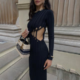 Solid Sexy Hollow Out Long Sleeve Maxi Dresses for Women 2022 Autumn Fashion Elegant O-Neck Party Bodycon Y2k Dresses
