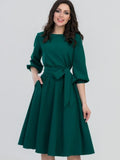 Zjkrl 2023 Summer Dress Women&#39;s Vintage Dress Round Neck Long Sleeve Elegant Lace Up Solid Color New Green Maxi Dresses for Women