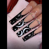 Zjkrl - 24Pcs Full Cover False Nails Red Rhinestone Planet Long Ballerina Coffin Nail Tips Detachable Fake Nails Press on Nails Manicure