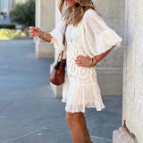 Zjkrl - Elegant Bubble Sleeve o Neck Button Mini Dress Women Fashion White Lace Patchwork Holiday Dress Ladies Causal Slim Office Dress