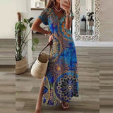 Zjkrl Vintage Print Maxi Dress Women 2023 Summer Elegant V Neck Short Sleeve Loose Split Casual Dress Female Party Boho Beach Vestidos