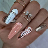 Zjkrl - 24Pcs Full Cover False Nails Red Rhinestone Planet Long Ballerina Coffin Nail Tips Detachable Fake Nails Press on Nails Manicure