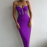 New Women&#39;S Fashion Bead Chain Crystal Design Long Dress Sexy Sleeveless Backless Celebrity Party Bandage Dress