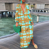 Zjkrl Women Elegant V Neck Loose Party Dress Lady Retro Printing Long Sleeve Holiday Dress Autumn Casual Femme Dress Streetwear