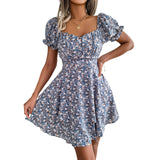 Zjkrl - 2023 New Casual Short Sleeve Square Neck Lace-up Dress Retro Women Floral Printed Mini Dress Ladies Fashion Slim Office Dresses