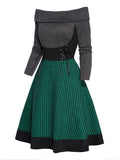 Zjkrl Cable Knit Plaid Print Panel Dress Long Sleeve Lace Up Foldover Off the Shoulder Mini Dress For Women Spring Winter