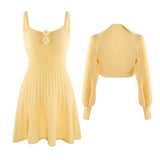 Winter Sweet Knitted Two Piece Dress Set Women Casual Coat+Strap Dress Set Female Korean Style Solid Slim Chic Dress Suit 2022