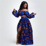 Zjkrl - African Dresses for Women Autumn 2-piece Set Lady Full Sleeve Shoulder Off Festher Dashiki Print Split Skirts Africna Clothes