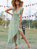 Zjkrl Summer Elegant Floral Long Dress Women Casual Bandage Irregular Slit Boho Beach Dress Fashion Green V Neck New In Dresses 2023