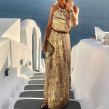 Zjkrl - Beach Style Lady Casual Sleeveless Long Dress Streetwear Women Halter Backless Print Dress Loose Off Shoulder Summer Maxi Dress
