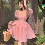 Sweet Dresses Women New Korean Puff Short Sleeve Mesh Patchwork Square Collar Ball Gown Dress Female Fashion Party