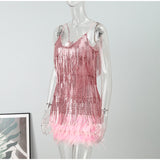 Zjkrl Dress Summer Slim V-Neck Off Shoulder Dresses Sexy Women&#39;s Fringed Sequin Feather Stitching Female Backless Slip Mini Robe