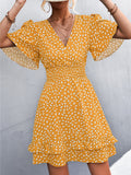 Sexy V Neck Mini Dress For Women Fashion Floral Slim Short Dresses Female Lotus Leaf Sleeve Elegant Dress Summer Vestido Mujer