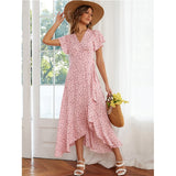 Zjkrl - 2023 New Boho Wrap Dress V-neck Flying Sleeve Maxi Dress Mujer Printing Sweet Long Dresses Chic Vestidos Ruffled Bandage Dress