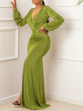 Zjkrl - Elegant Evening Dresses Long Patry Gown Sexy Deep V Long Sleeve Mermaid Bodycon Split Maxi Robe Femme