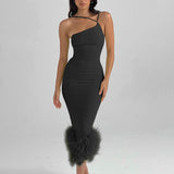 Zjkrl Mozision Elegant One Shoulder Feather Bottom Midi Dress For Women Robe Summer New Sleeveless Bodycon Long Dress Clubwear