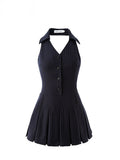 Summer Women Fashion Mini Halter Party Pleated Dress A-line Backless Black Striped V Neck Frocks Sexy Gyaru Y2k Streetwear Prom