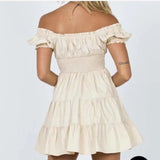 V Neck Elastic Beige Cotton Summer Dress Short A-line Solid Cute Short Sleeve Dress Vestido New White Dress