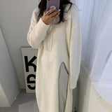 Retro Split Woolen Dress Women Sexy Autumn  White Solid O-neck Soft Long Knitted Dresses Women Clothing Winter Knitwear Chic