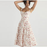 Zjkrl Floral Printed Women Dress 2023 Summer Elegant Solid Slim Sleeveless Slip Female Side Split Waist Lady A-line Robe