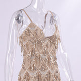 Zjkrl - 2023 Elegant Luxury Women's Sequin Tassel Evening Dresses Sexy V-neck Spaghetti Strap Backless Short Birthday Party Slip Dress