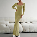 Zjkrl - Fashion 2023 Autumn Woman Square Collar Long Sleeve Knitting Dress Streetwear Elegant Female High Waist Bodycon Office Dresses