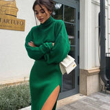 Women Casual Solid Knitted Slim Sweater Warm Suit Long Sleeve Stand Collar Pullover and Side Split Skirt Winter New Fashion