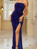 Luxury Women's Dresss 2023 Spring Strapless High Waist Tunic Slit Sequins Wedding Party Evening Prom Long Maxi Dresses Blue