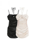 Zjkrl Summer Design Fashion Sexy Spaghetti Dress Evening Mini Sundress Backless Strapless Satin Lace Pleated Bodycon Party Women