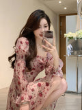 Zjkrl - 2023 Summer Sweet Elegant Short Party Dress Korean Fashion Floral Mini Dress Beach Long Sleeve Casual Vintage Dress Woman Chic