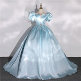 Zjkrl Classic Satin Quinceanera Dresses Puff Sleeve V-neck Ball Gown Simple Party Dress Elegant Prom Formal Vestidos Real Photo