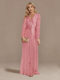 Zjkrl Luxury Long Sleeve V-Neck Evening Dress Party Women Wedding Sequins For Female Guests Blue Prom Cocktail Dresses