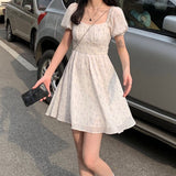 Zjkrl - Dresses Women Puff Sleeve Holiday Sundress Hollow Out Floral Design Korean Style College Lovely Simple Trendy Summer Vestidoes