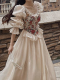 Zjkrl French Vintage Print Floral Dress Women O-neck Elegant Evening Party Midi Dress Female Puff Sleeve Korea Fairy Dress Autumn