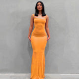 Zjkrl 2023 Summer Women Sexy Spaghetti Strap Black Skims Long Dress Y2k Sleeveless Solid Skinny Bodycon Trumpet Maxi Dresses Vestidos