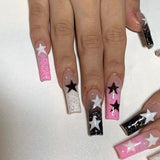 Zjkrl - 24pcs/box Fake French y2k Nails Press On Long Stiletto Almond Shape Wearable False Nails With Stars Designs Full Cover Nail Tips