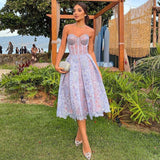 Zjkrl 2023 Spring Summer Formal Evening Dress Women's Lace Embroidery Strapless A-line Tunic Midi Birthday Party Dresses White Purple
