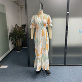 Zjkrl Women Maxi Dress Summer Stylish Print Short Puff Sleeve V Neck Nipped Waist Slim Single Row Button Beach Party Dresses