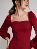 Zjkrl - Churses Red Party Dress New Year Fashion a Line Women Dress Puff Sleeve Zipper Square Collar 2023 New Midi Length Autumn Winter